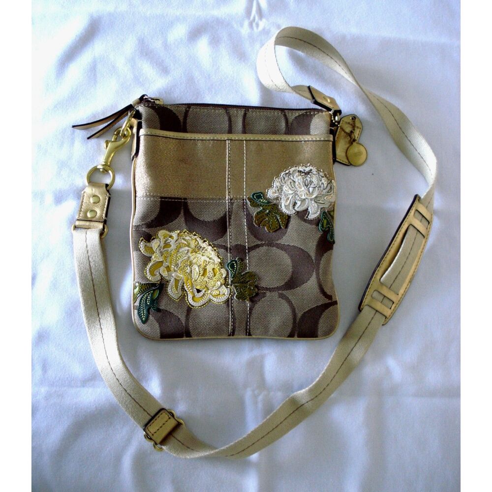 Coach Logo Crossbody Shoulder Bag Leather - Canvas Floral Embroidered - Picture 3 of 7